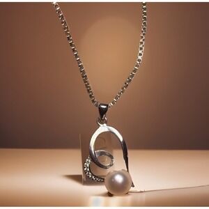 CP Sterling Silver 925 Diamond & Pearl Heart Pendant With 16" Box Chain